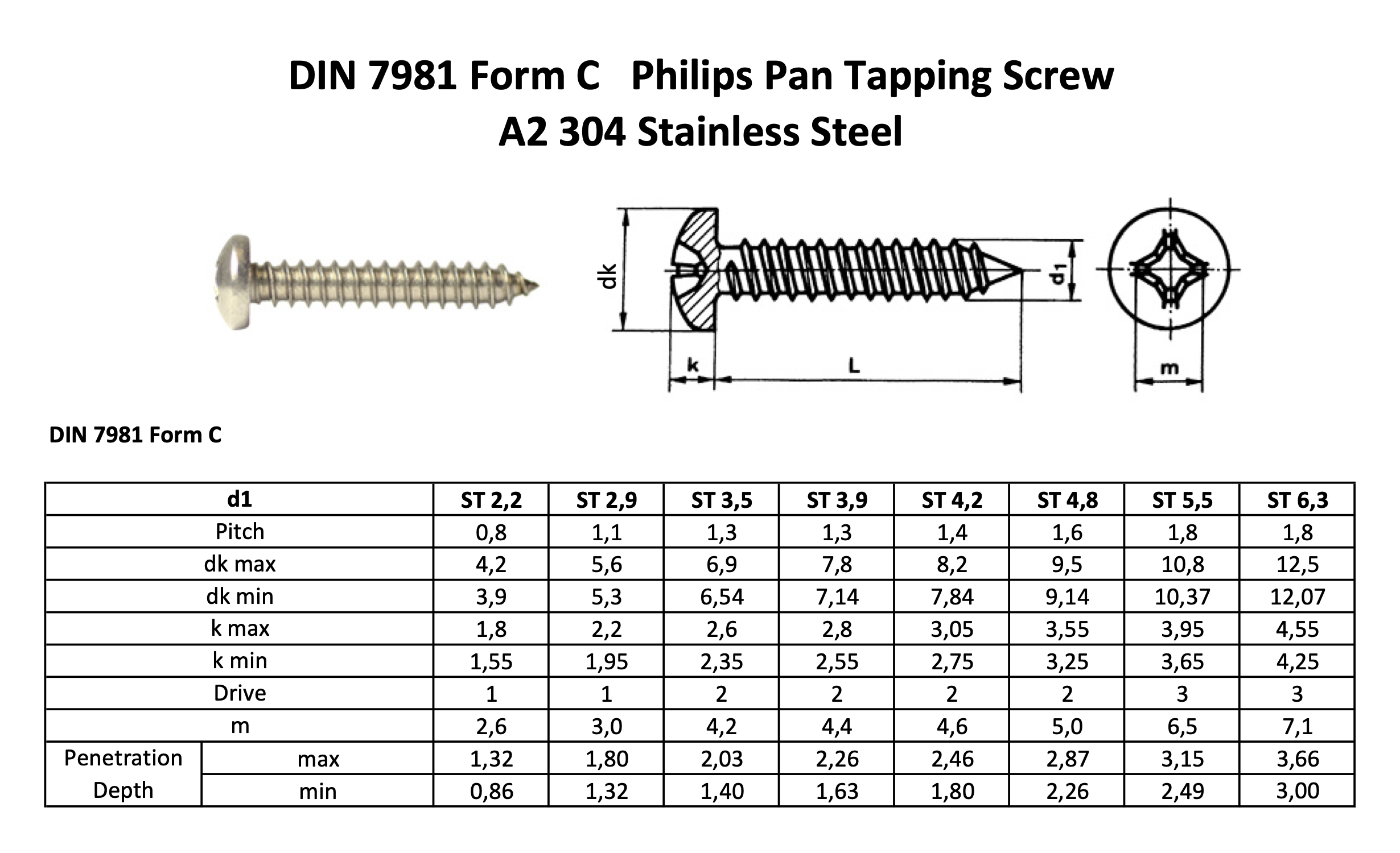 DIN 7981 A2 STAINLESS STEEL